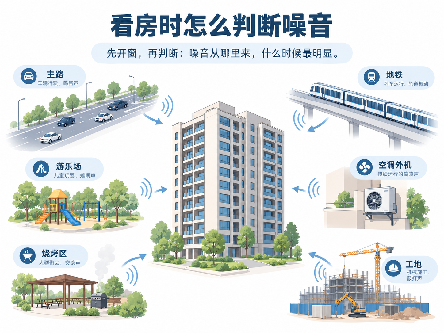 看房噪音来源示意图:道路、轨道、游乐场、空调外机、烧烤区和工地