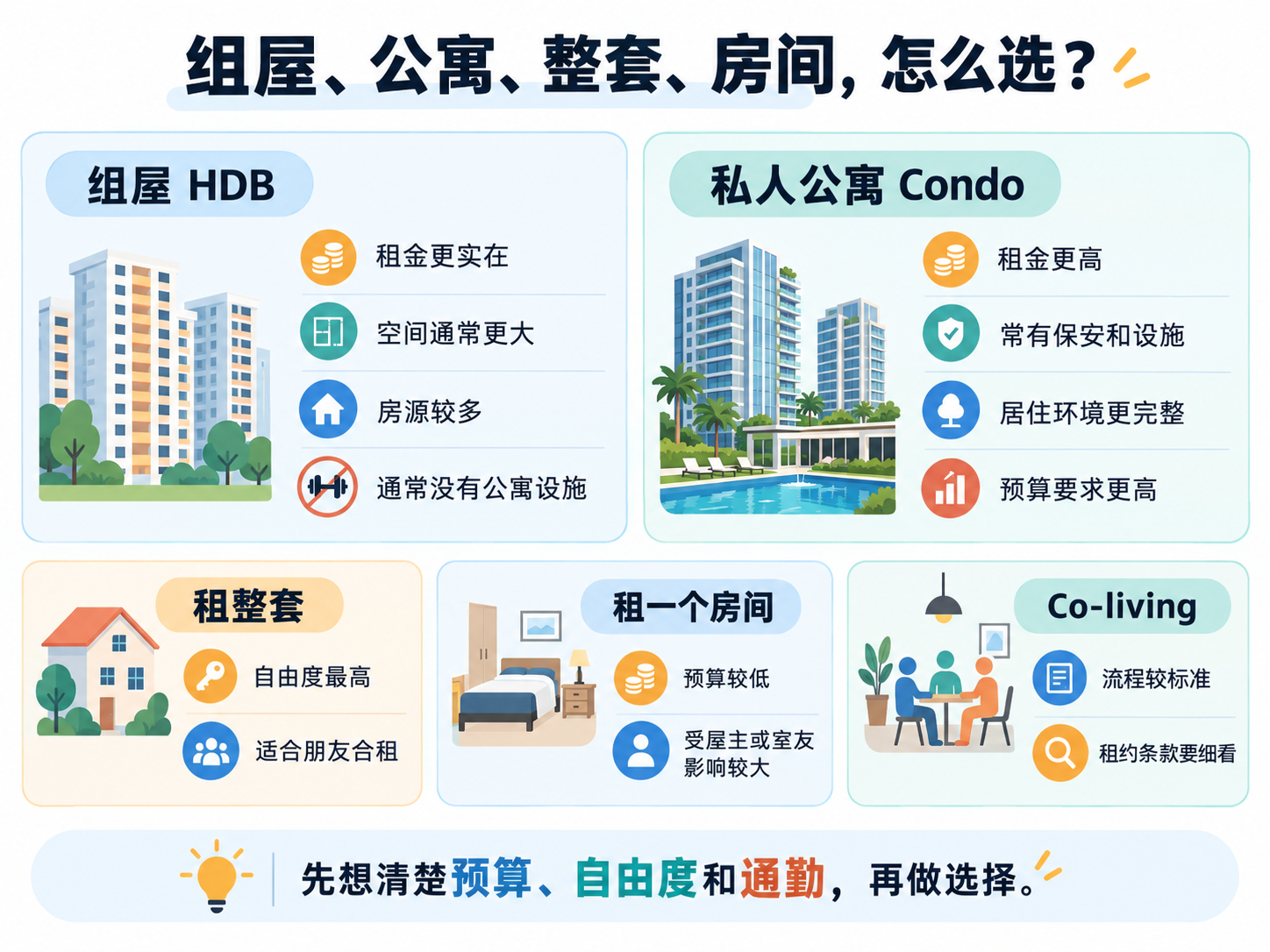 组屋、公寓、整套及单间的租房选择对比