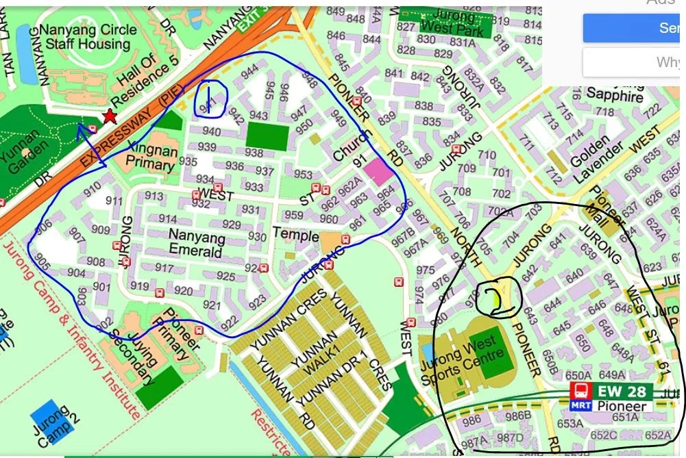 Jurong West Street 91 一带与 Pioneer MRT 周边位置示意